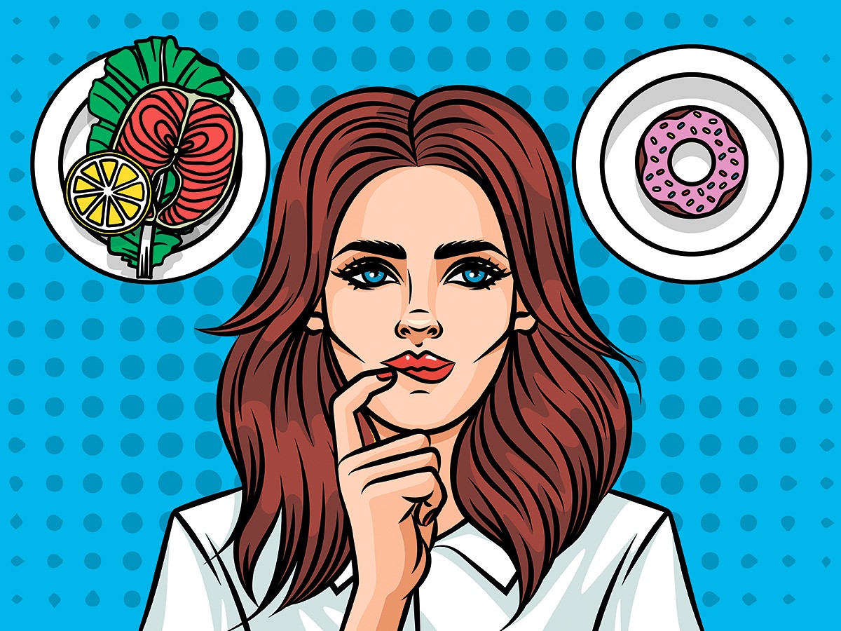 Picture of a woman choosing to eat between a fish and a chocolate donut