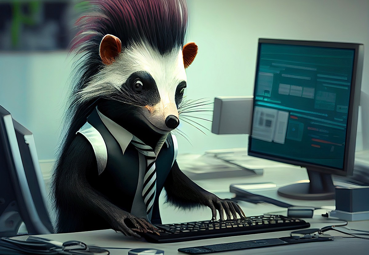 Cute skunk sitting at the computer
