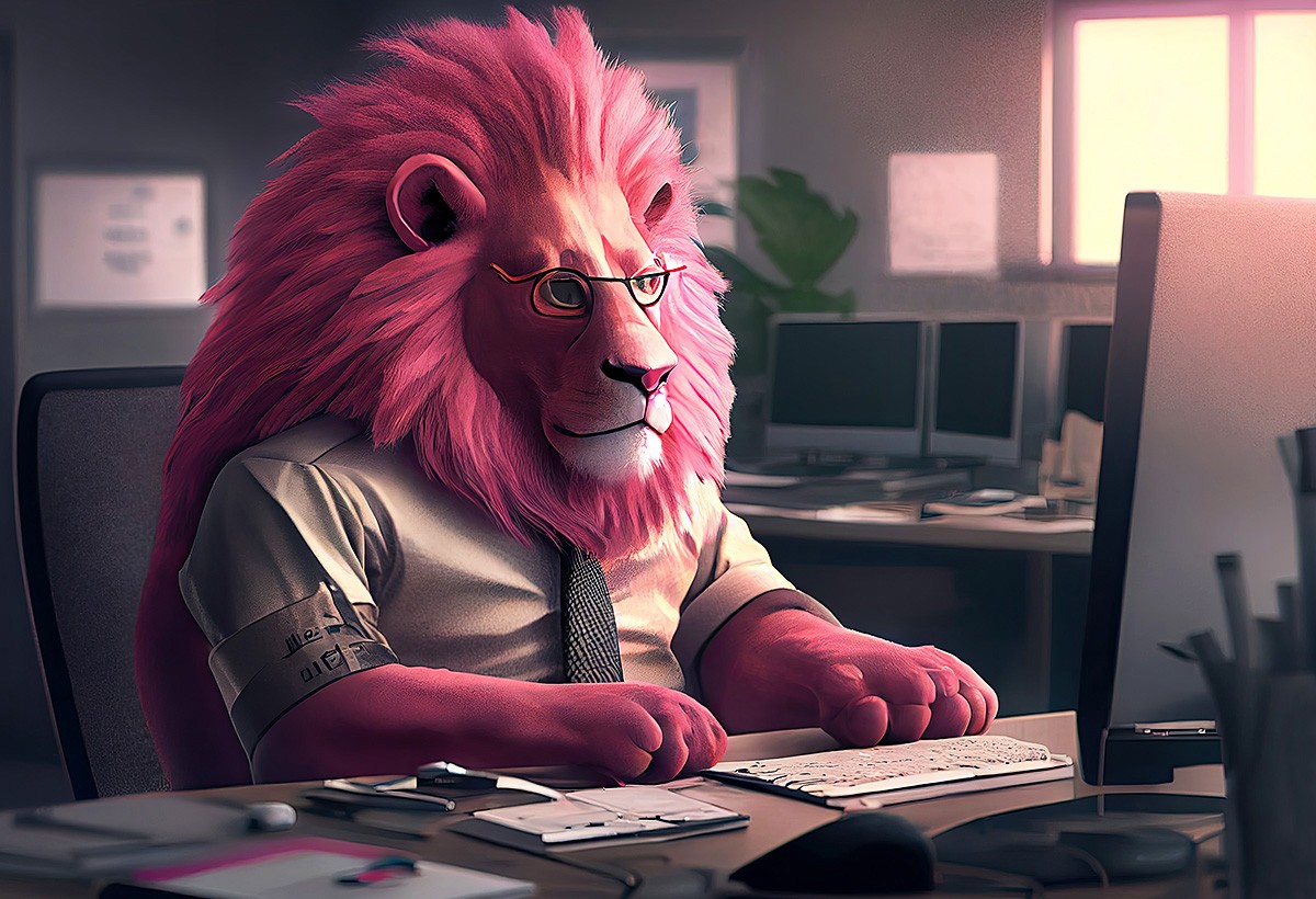 Big lion sitting at the computer