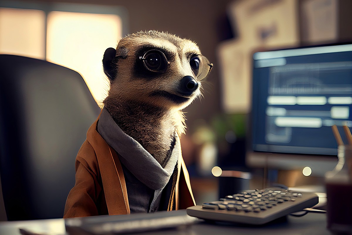 Cheerful meerkat looks into the computer monitor