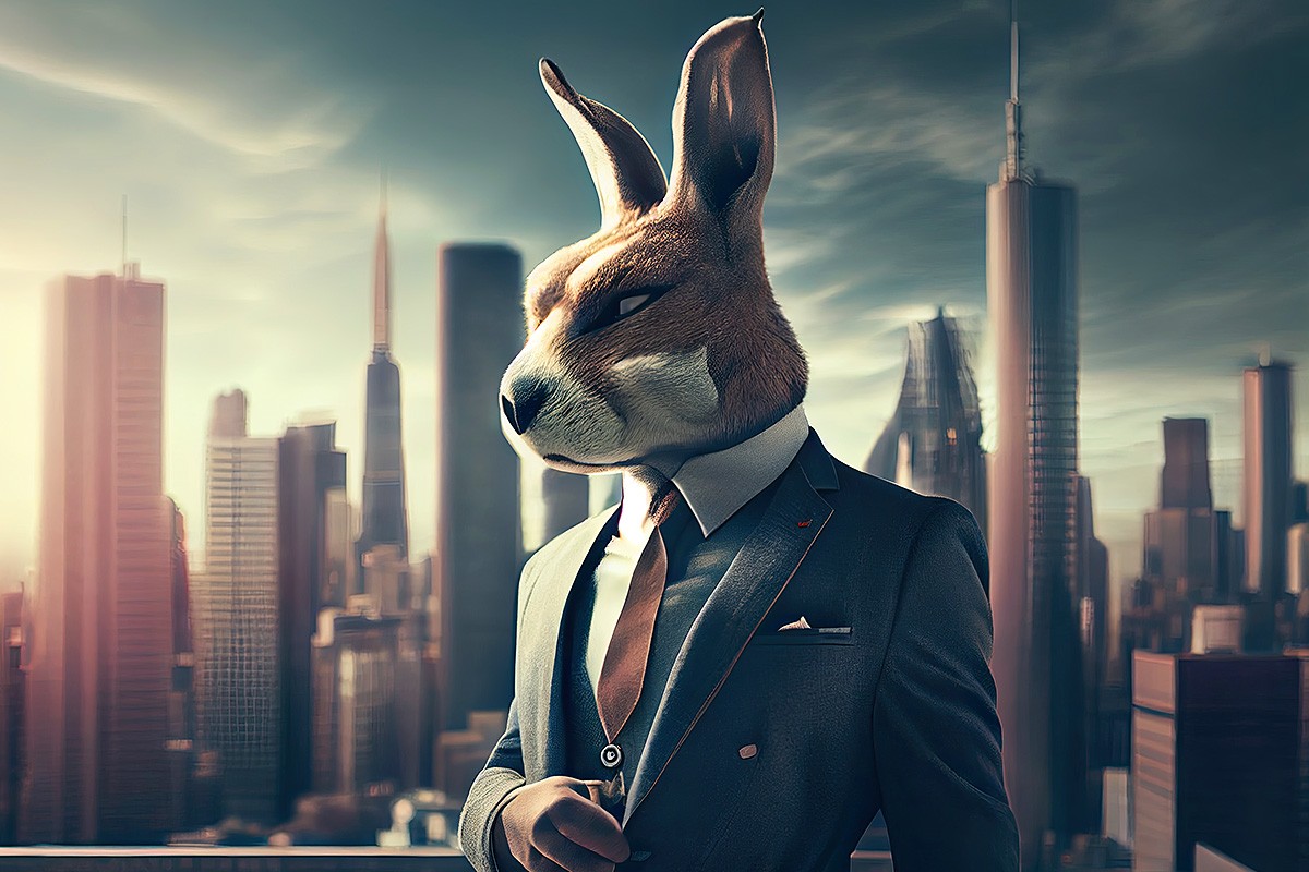 Picture with a business man and a rabbit head