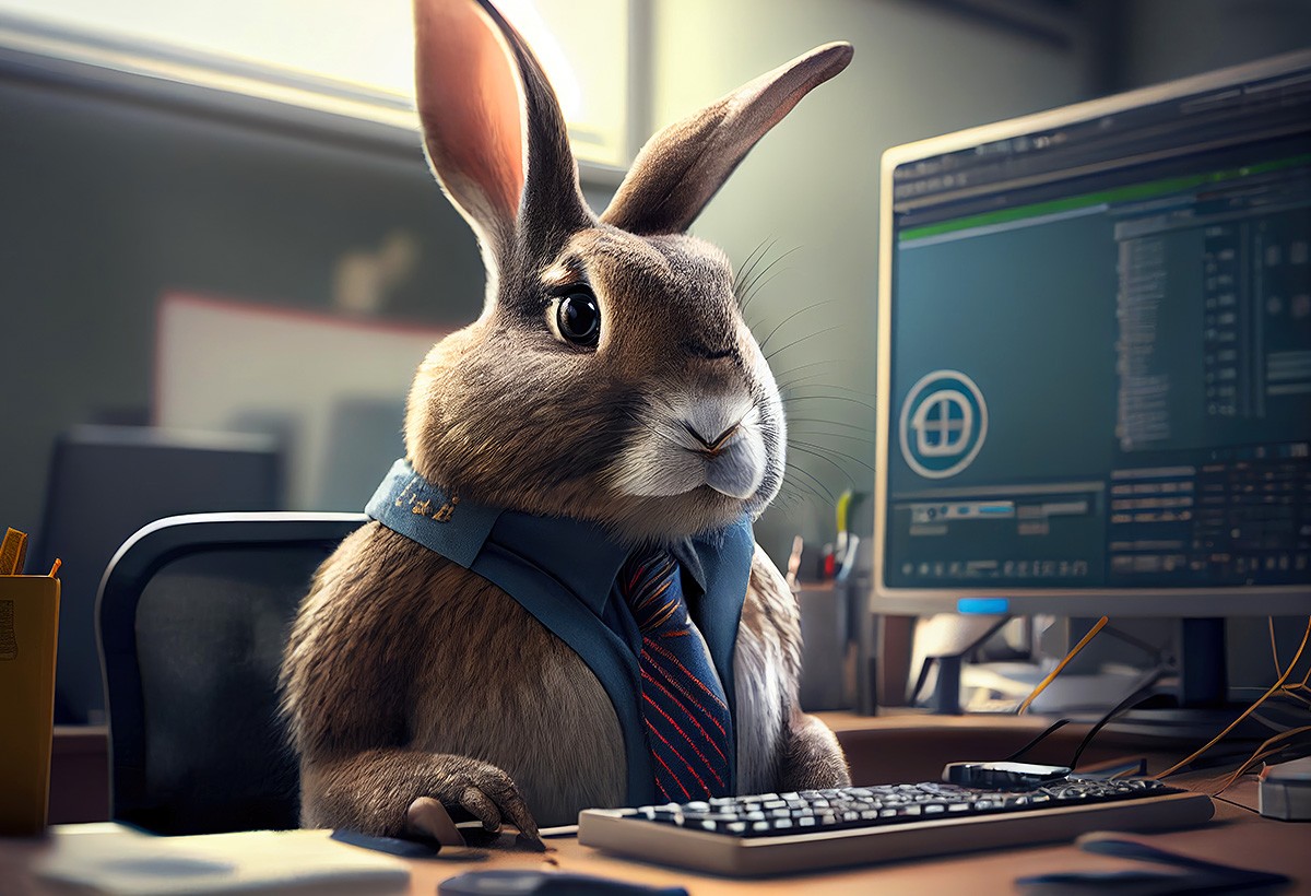 Cute rabbit looks at the big monitor