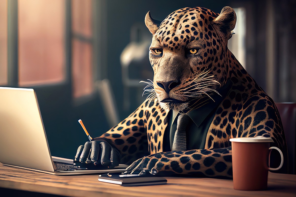 Beautiful jaguar looks at the laptop monitor