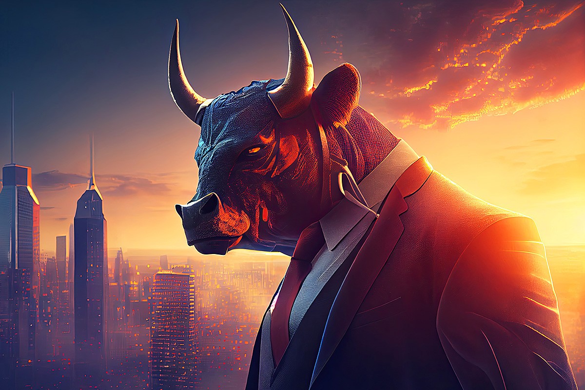 Man with the head of a bull at sunset