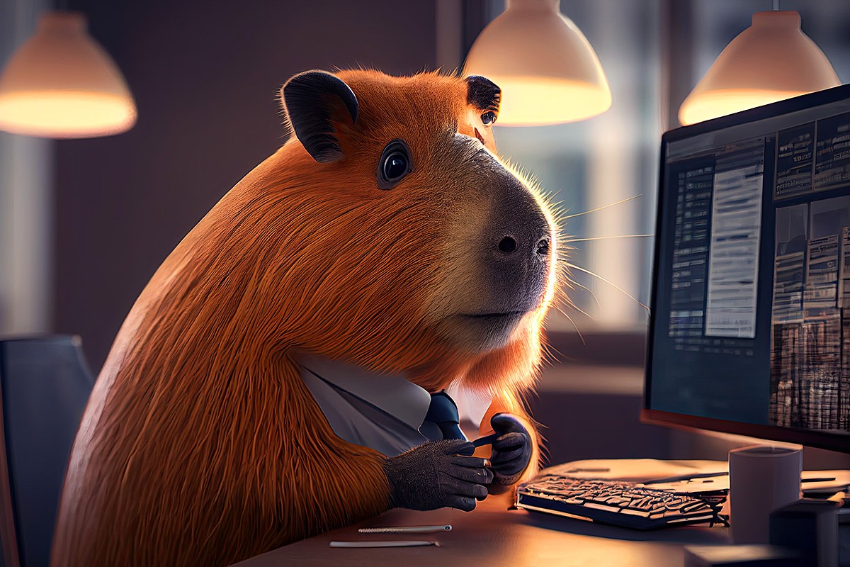 Large capybara sits at a computer monitor