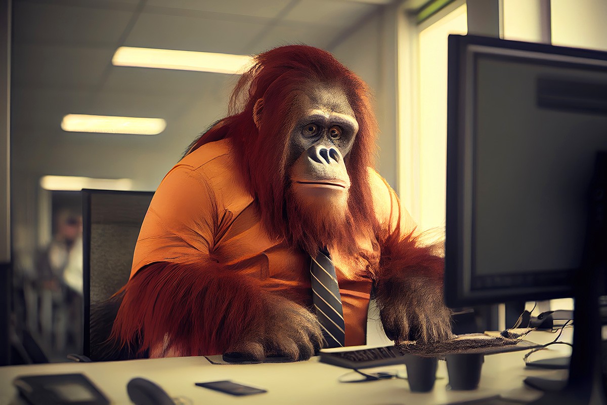 Picture with a big monkey at the computer