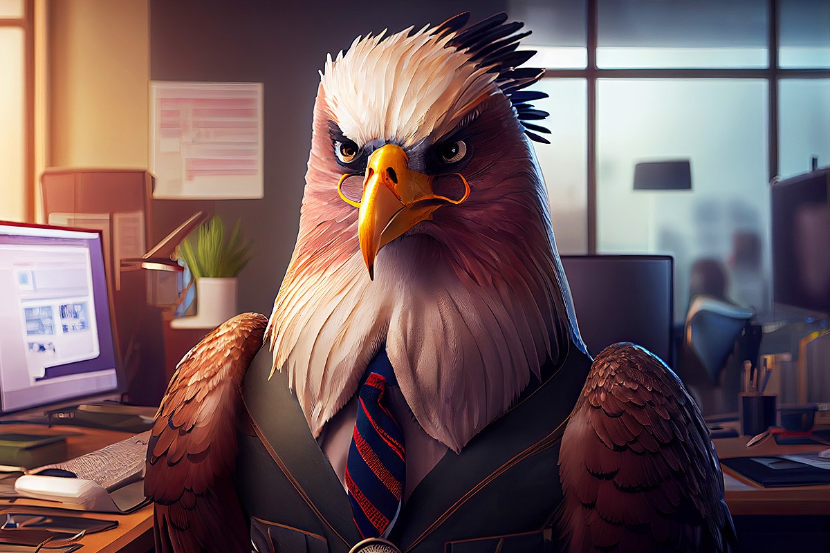 Picture with an eagle sitting at a computer
