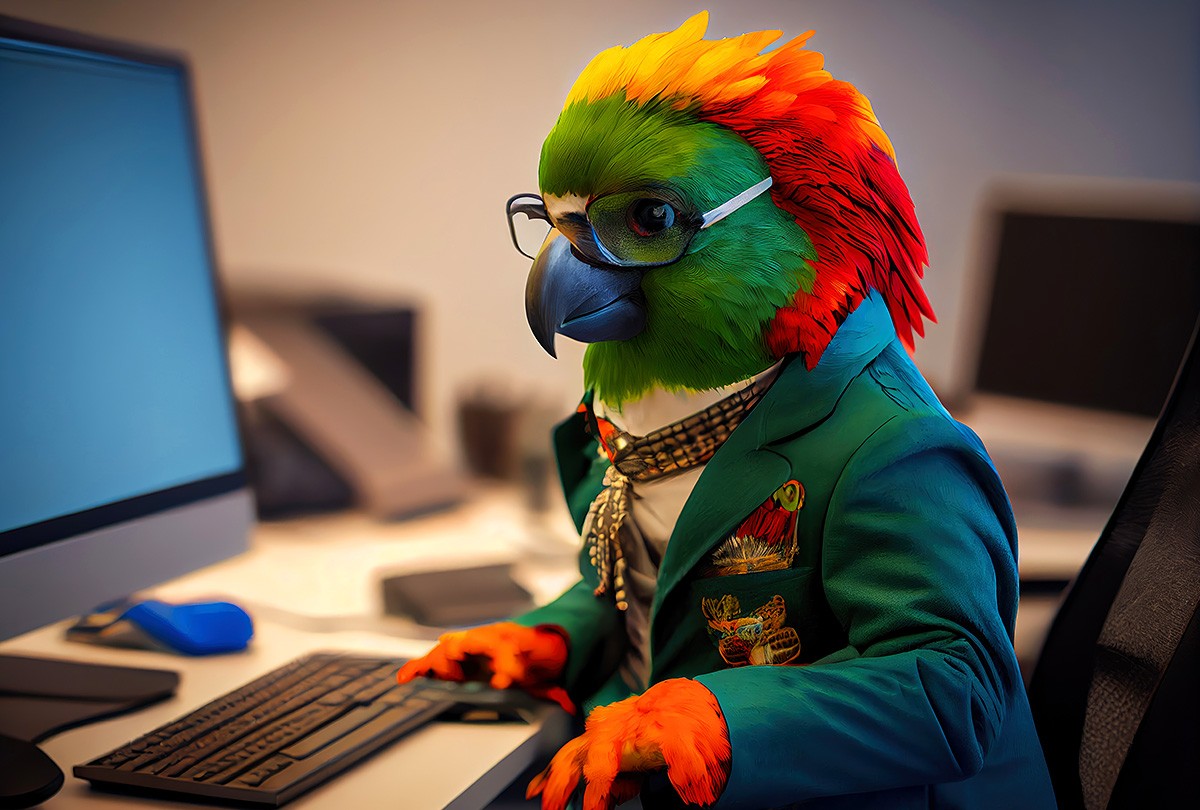 Bright parrot looks into a large monitor