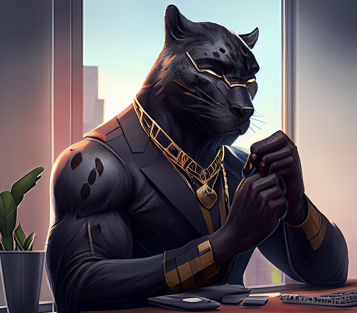 Picture of a strong man with a black panther head
