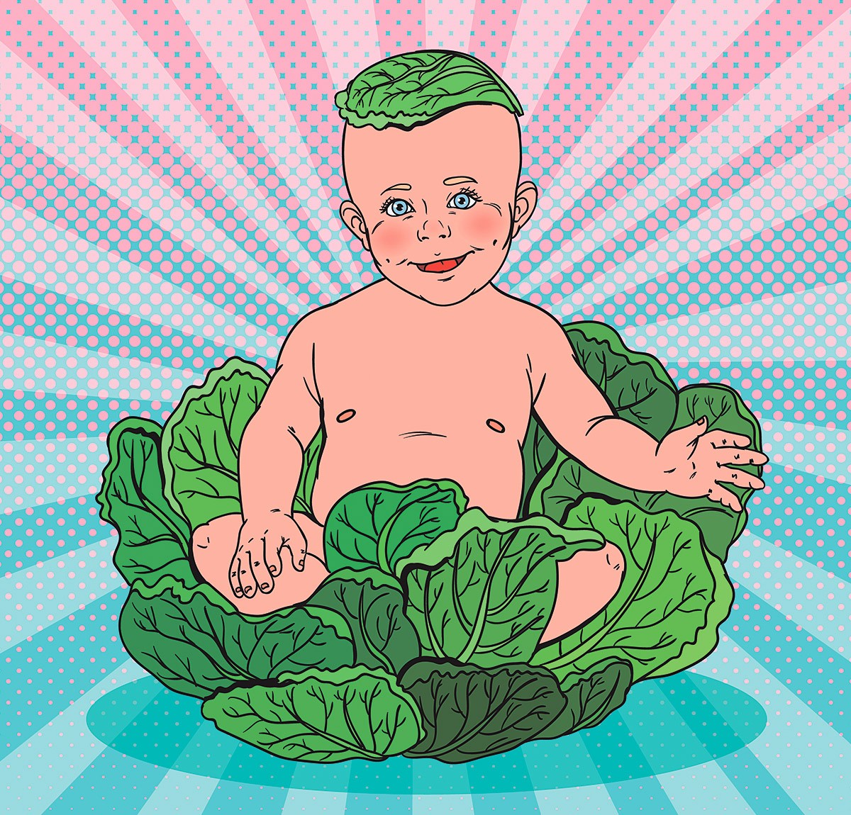 Picture with a little boy sitting in a cabbage