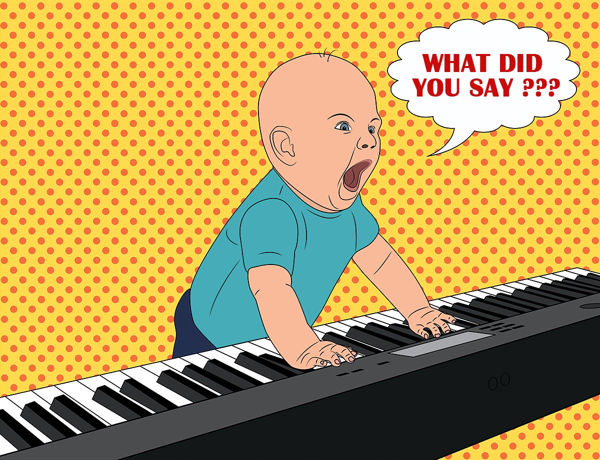 Picture of a screaming baby with a synthesizer