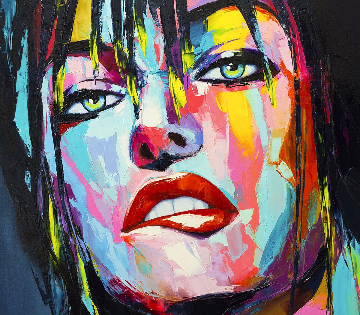 Painting with a piercing gaze of a pretty girl and red lips