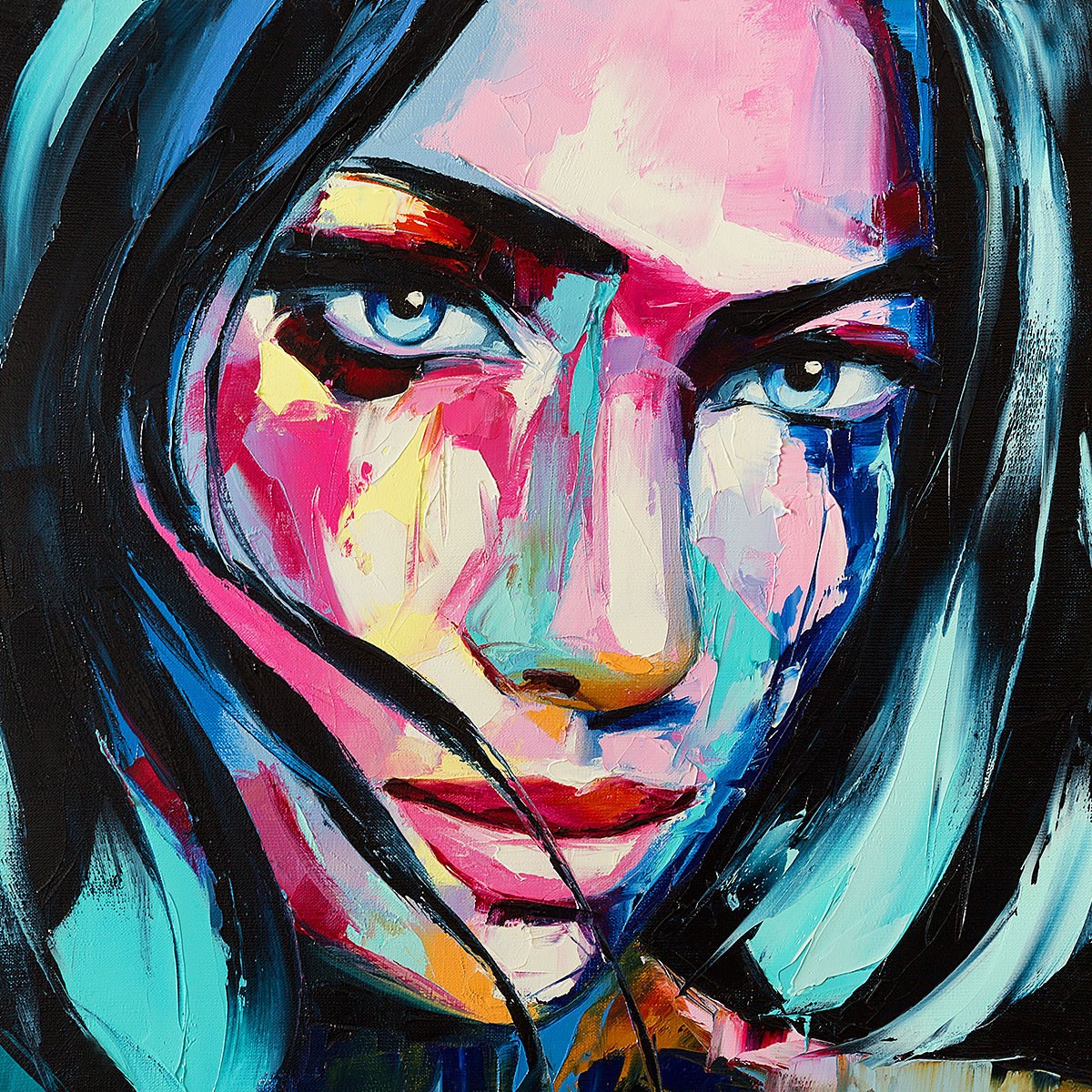 Painting with an attractive brunette face and blue eyes