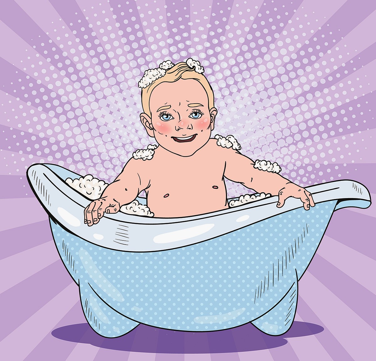 Naughty child sits in a bath with foam