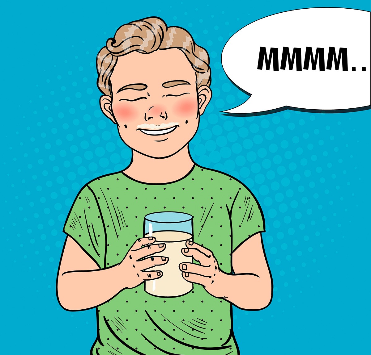 Happy boy drinking a glass of milk with joy