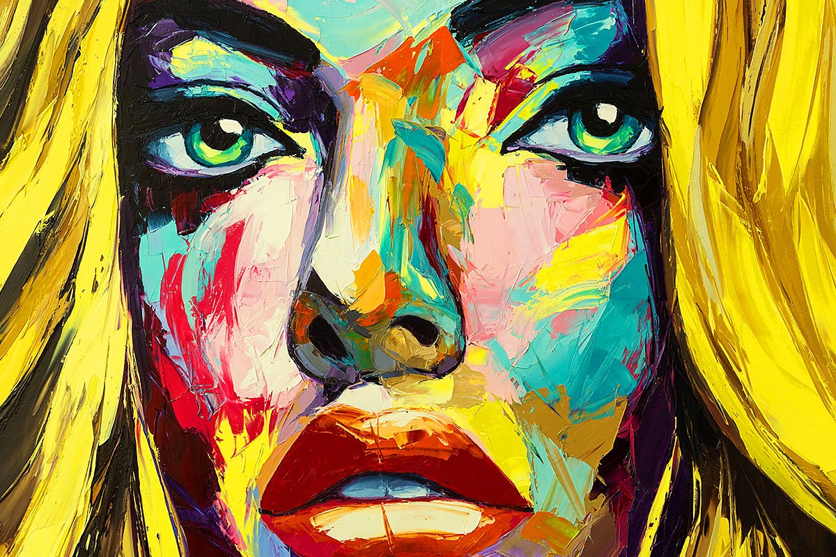 Painting with attractive female face and green eyes