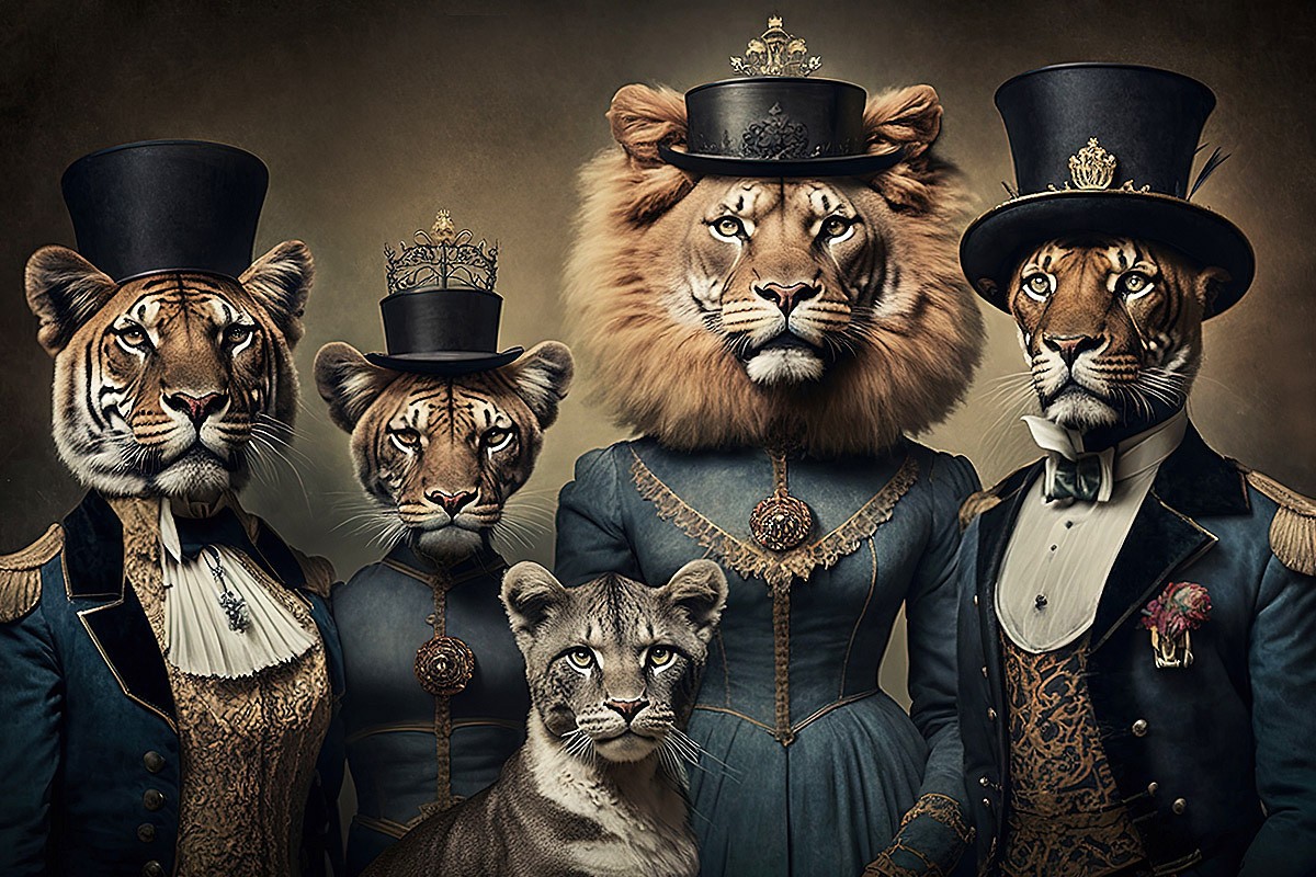 Picture with serious lions in Royal clothes