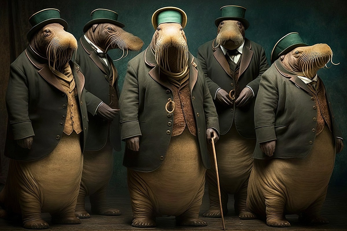Gorgeous walruses in green suits
