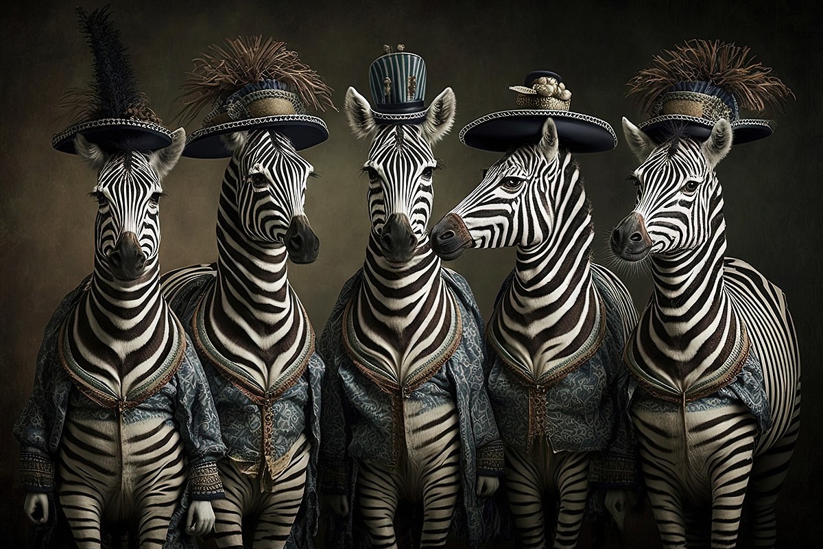 Picture with zebras in elegant hats
