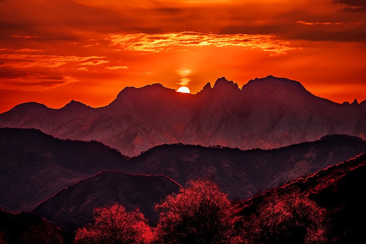 Luxurious red sunset and mountains Luxurious red sunset and mountains