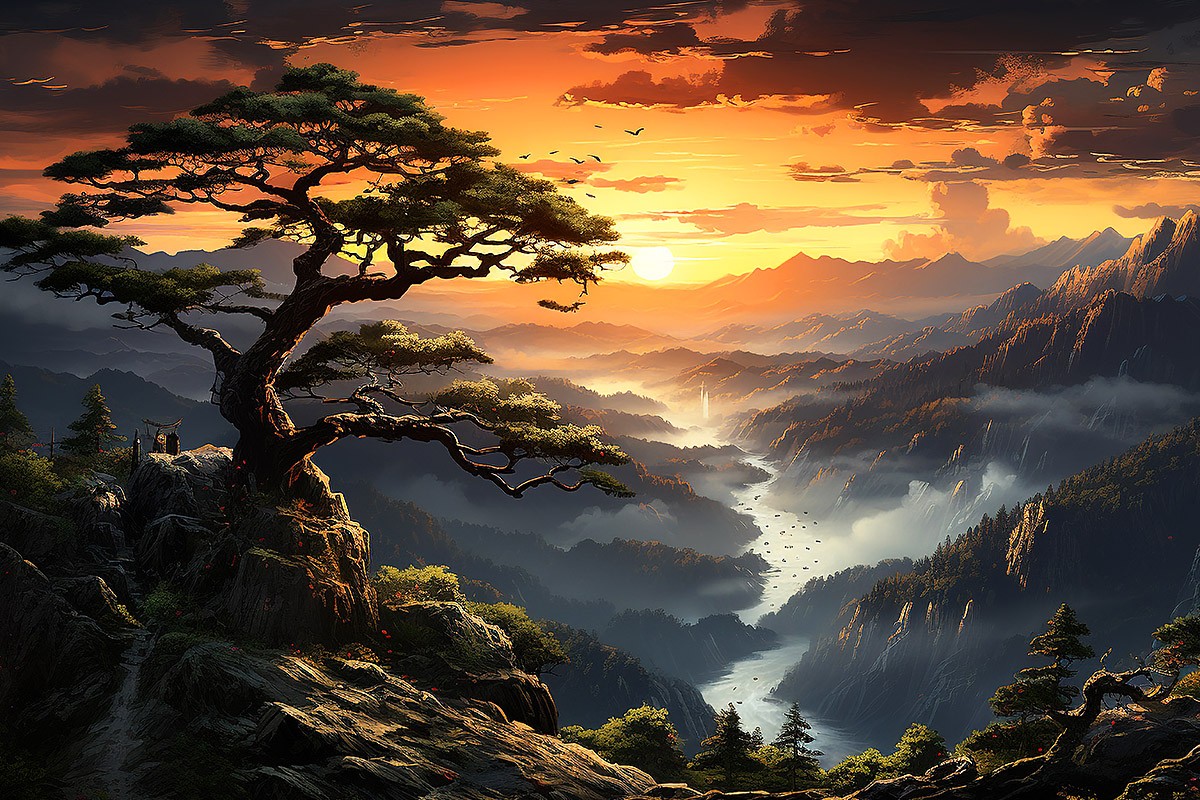 Picture with a mountain landscape at the moment of sunset Picture with a mountain landscape at the moment of sunset
