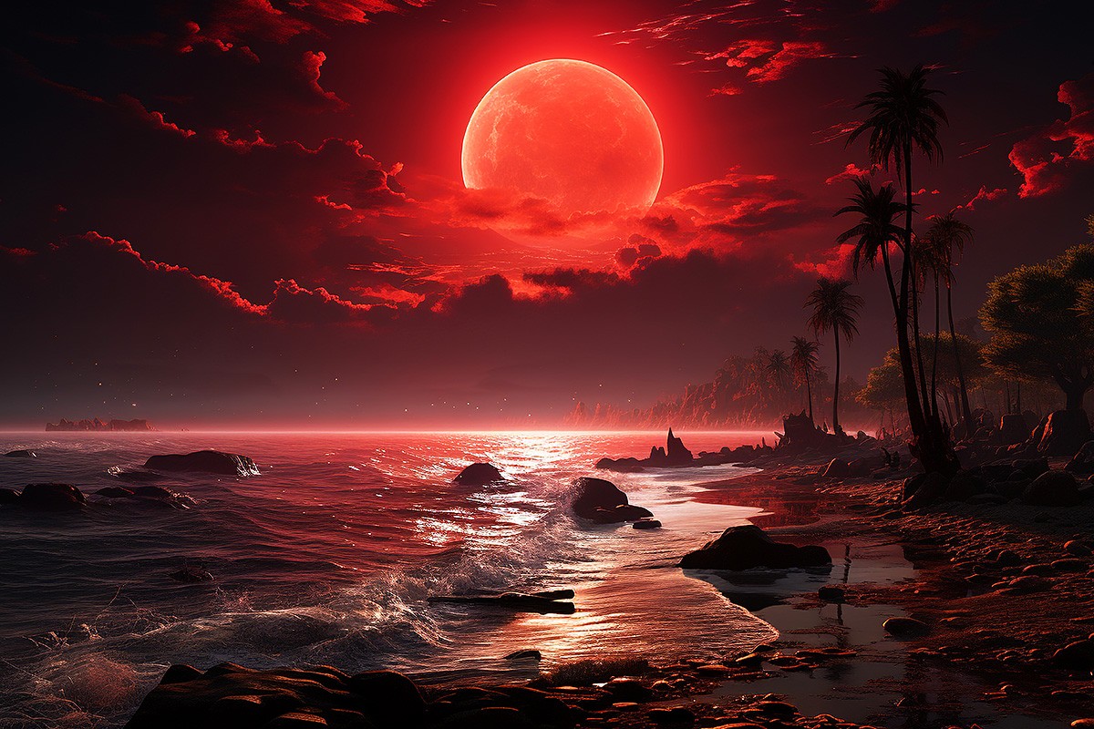 Spectacular red moon over the sea Spectacular red moon over the sea