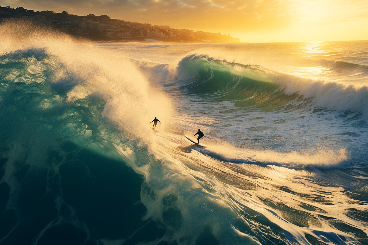 Two surfers on the waves at sunset