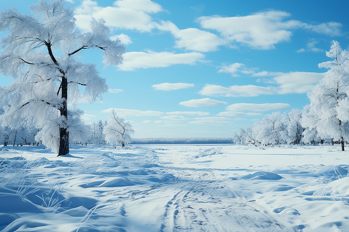 Picture with a winter landscape and blue clouds