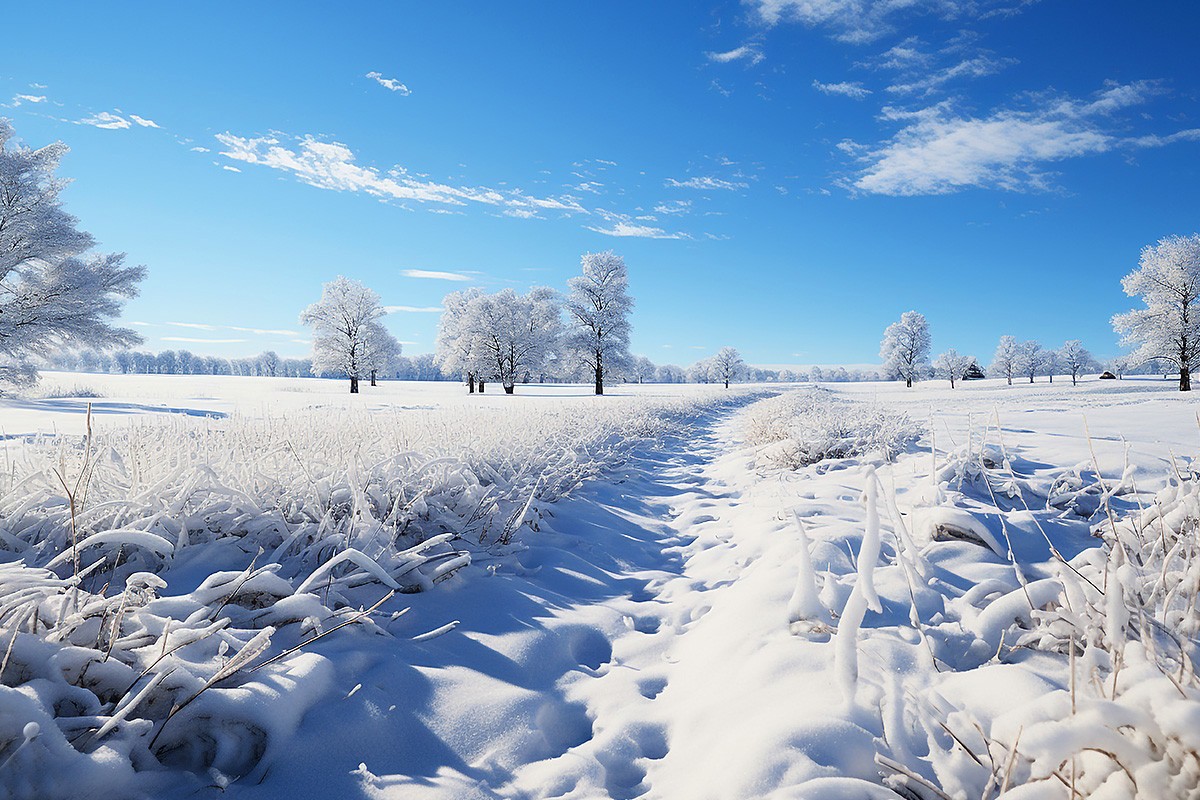 Fascinating winter path and field with snow