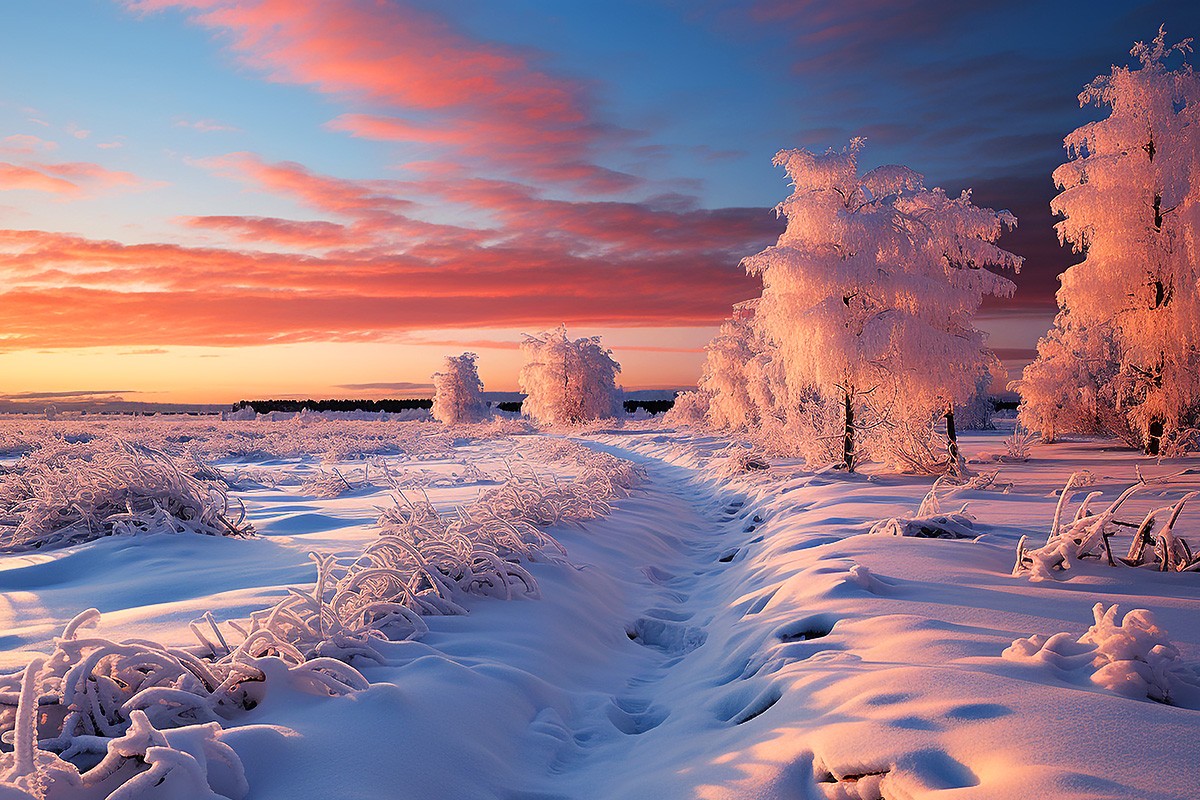 Field with snow and trees at the moment of sunset