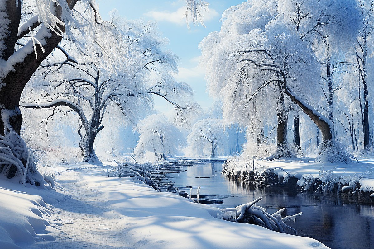 Picture with a river and trees with snow