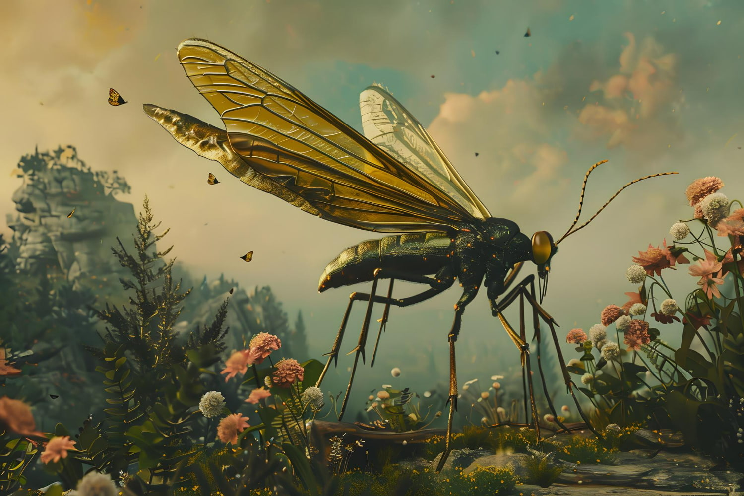 This hauntingly beautiful and surreal artwork presents a colossal insect—a golden wasp or similar creature—rendered as the focal point of an entire ecosystem.