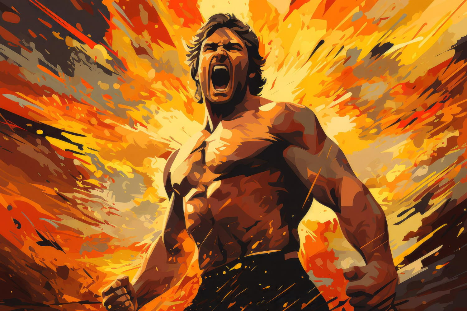 A dramatic digital illustration depicting a powerful man with shoulder-length dark hair caught in a moment of intense release or awakening.