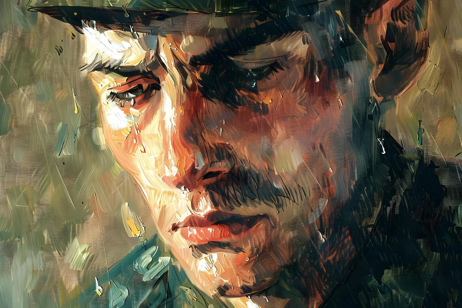 A striking portrait of a man's face rendered with bold, expressive brushwork and a deliberately loose, gestural painting style.