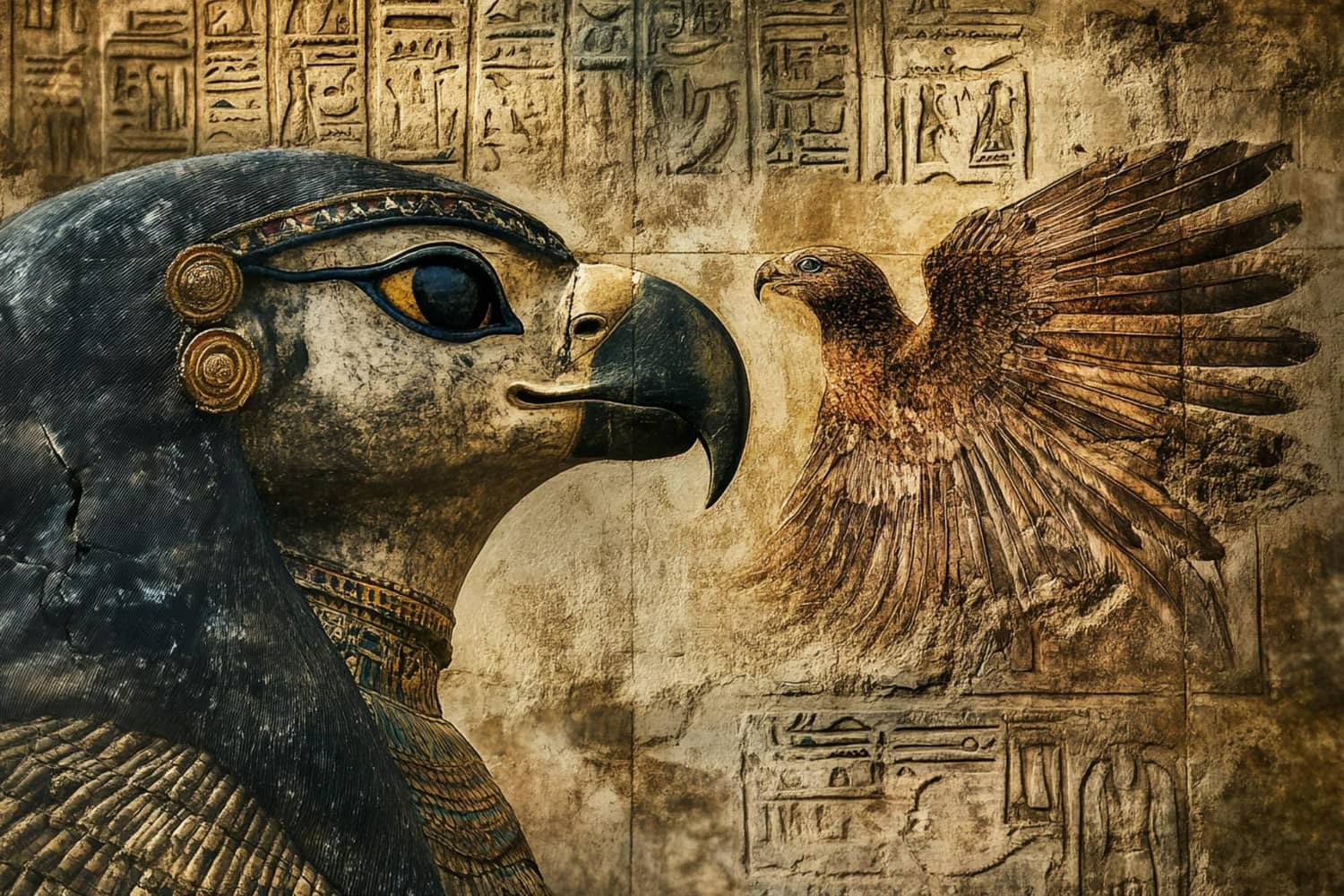 This striking artwork depicts a sacred moment in ancient Egyptian iconography, featuring two falcon-headed deities in a confrontational or communal stance.