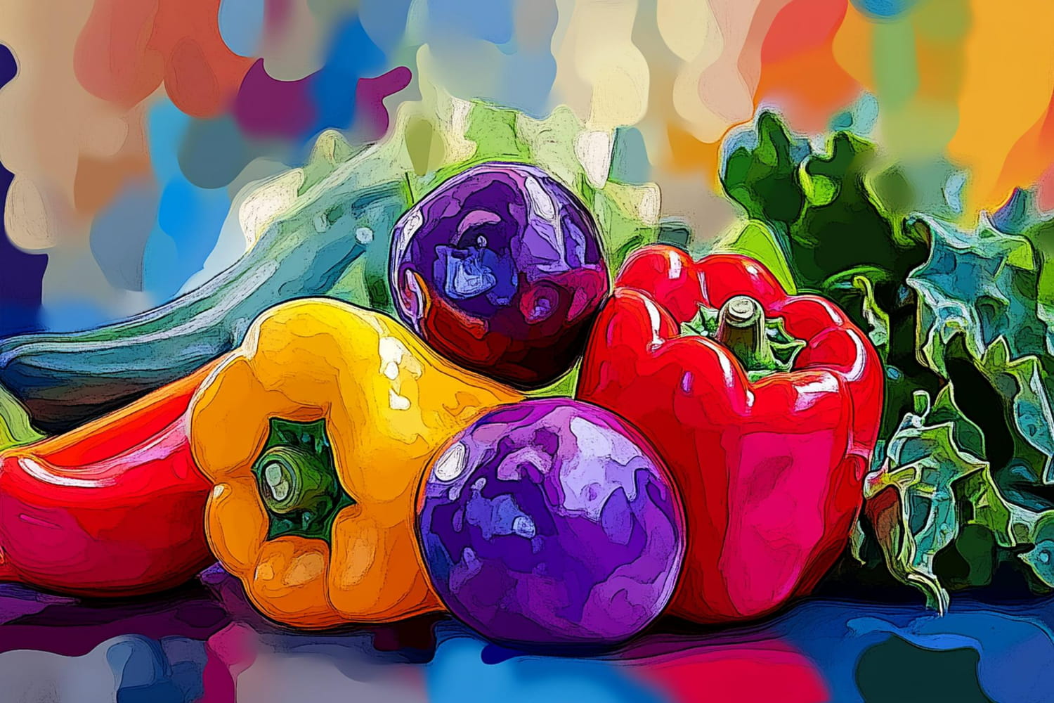 This vibrant pop-art style painting celebrates the explosive energy of fresh vegetables through bold, saturated colors and dynamic composition.