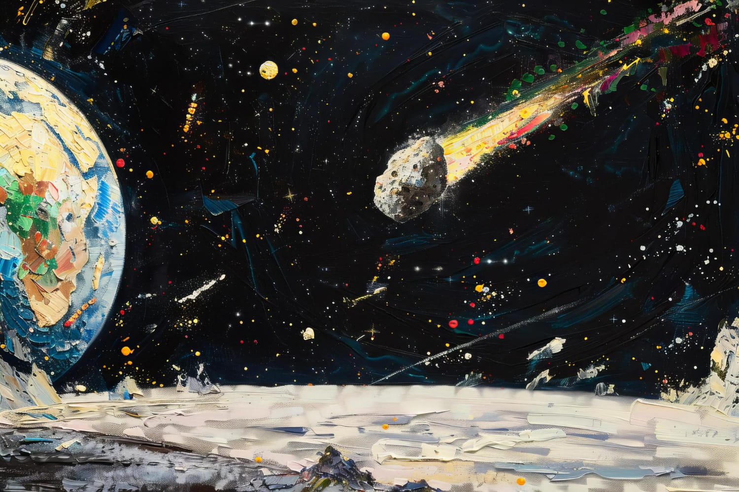 The celestial intruder is on a collision course, creating a sense of urgent, dramatic motion and otherworldly energy.