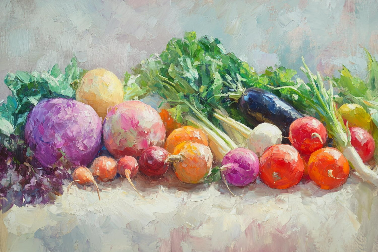 This luminous oil painting captures the natural abundance and diversity of fresh garden produce arranged in an intimate still life composition.