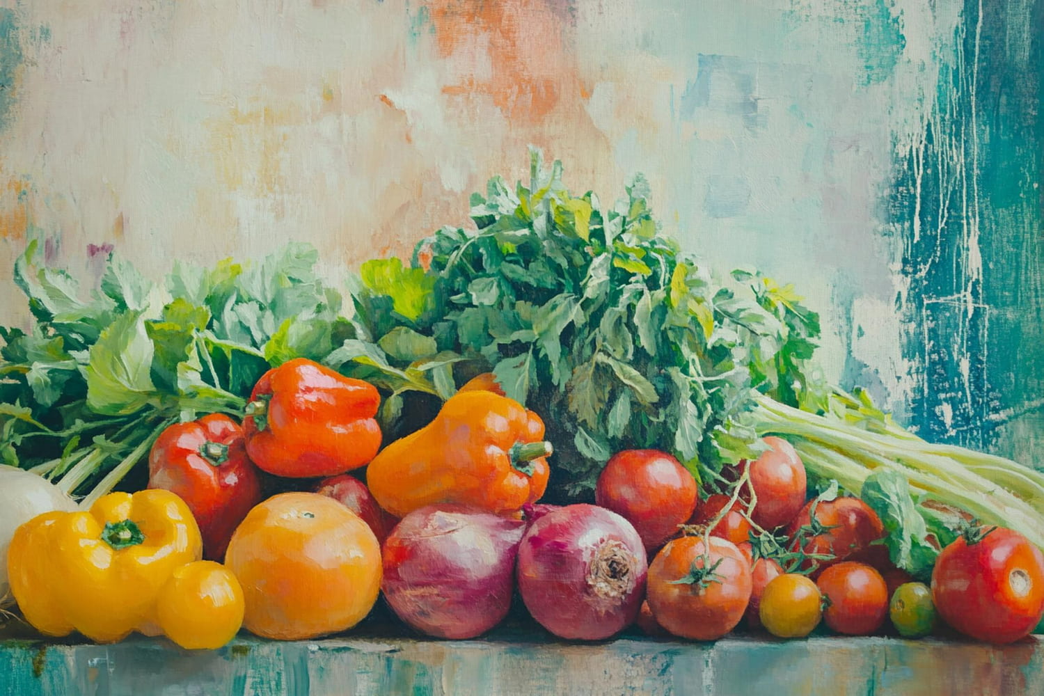 This evocative still life painting masterfully blends realistic representation with atmospheric, impressionistic background elements.