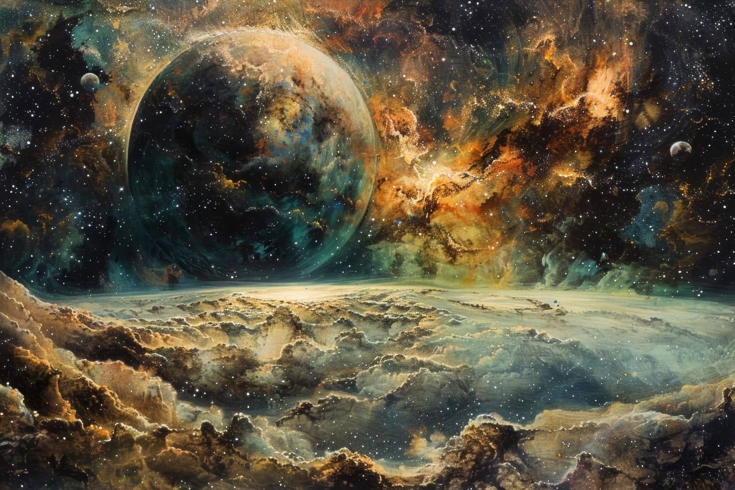 This awe-inspiring cosmic vista presents a dramatic view of a vast planetary system as witnessed from an alien world's desolate surface.