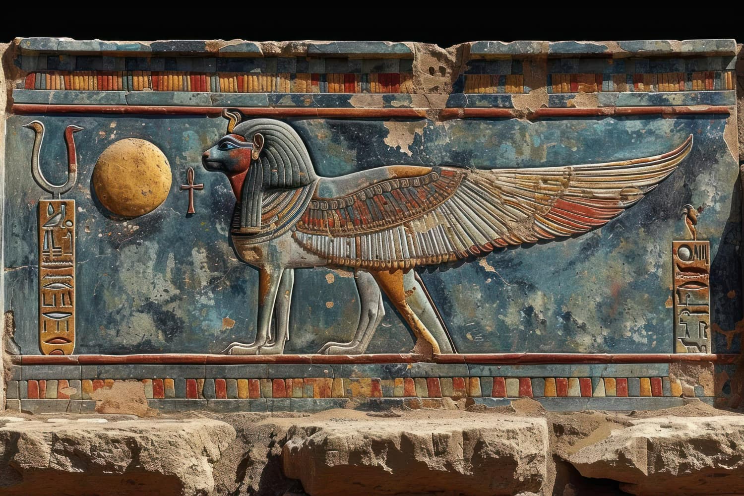 This magnificent ancient Egyptian temple relief depicts a powerful winged deity in monumental stone carving, likely representing Ra.