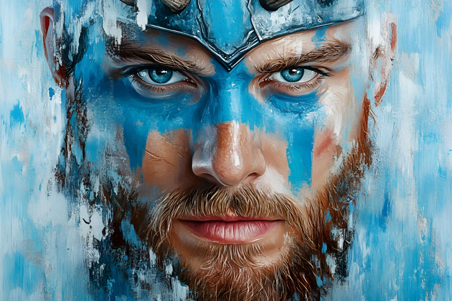 The cool blue palette dominates while warm skin tones ground the piece.