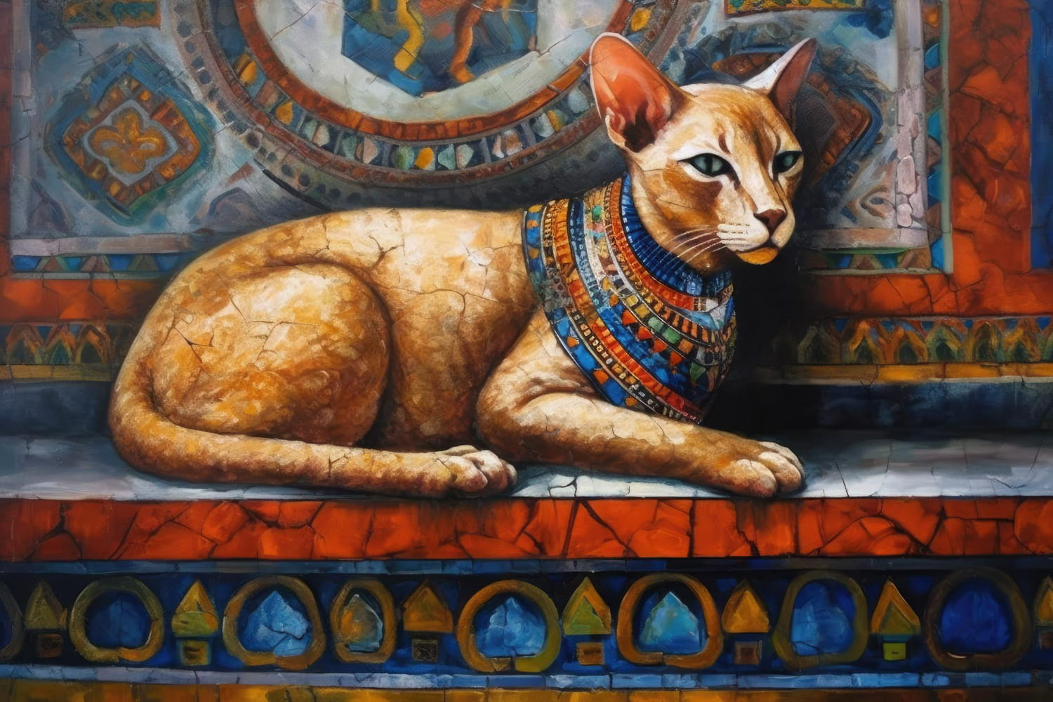 This striking contemporary artwork depicts a regal, golden-tawny feline deity in a sacred Egyptian temple setting, embodying the divine power and majesty of ancient Egypt's great cat goddesses.