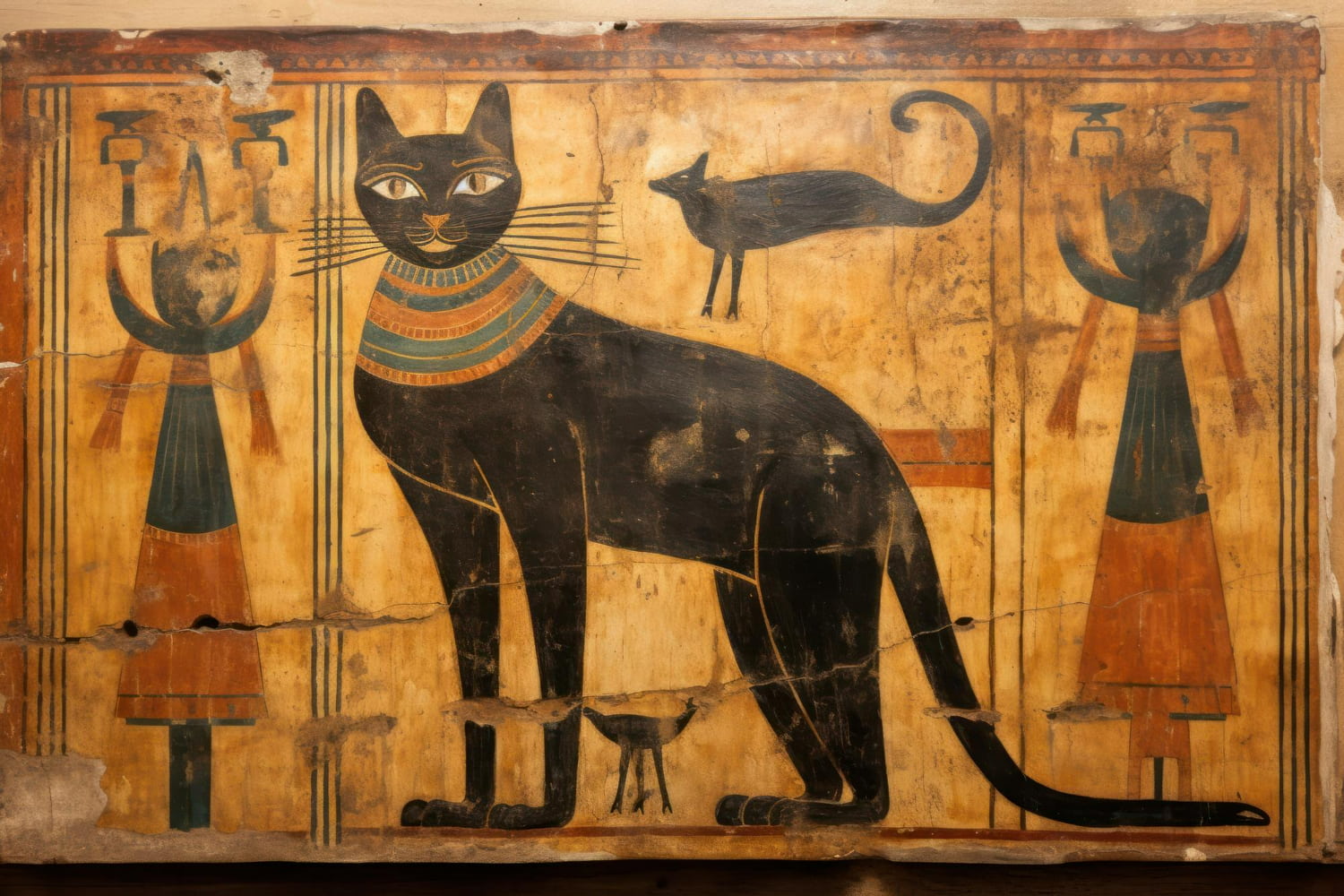 This exquisite artwork depicts Bastet (or Bast), the ancient Egyptian goddess of protection, fertility, joy, and the home, represented in her characteristic feline form as a revered black cat.