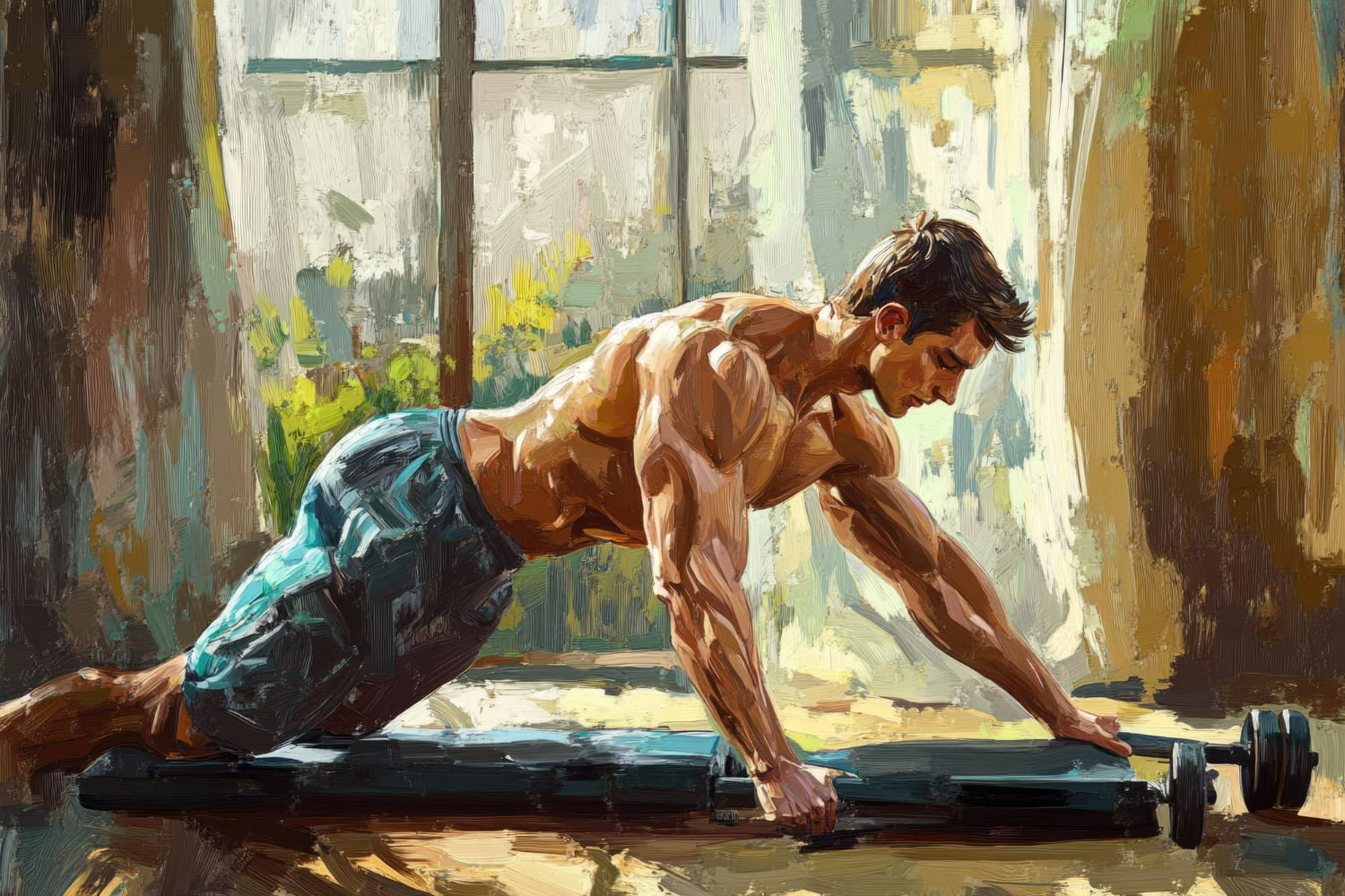 The composition captures raw physicality and dedication to strength training.