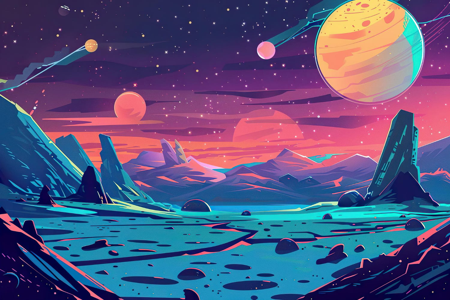 This striking digital artwork blends cyberpunk aesthetics with cosmic wonder, creating a visually electrifying scene of an alien world brimming with otherworldly energy.