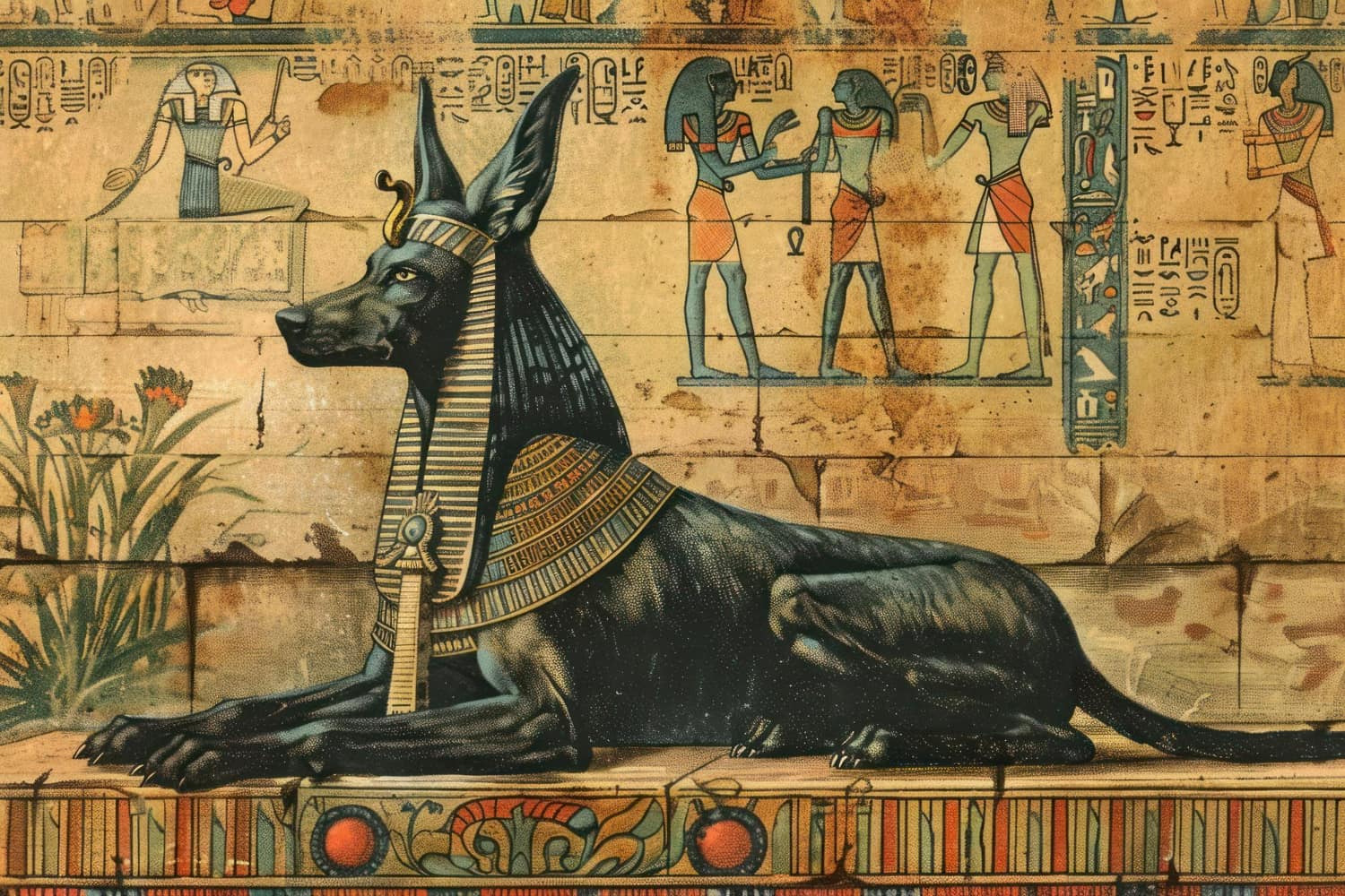 This magnificent artwork depicts Anubis, the ancient Egyptian god of mummification, embalming, and the afterlife, in his characteristic reclining or recumbent pose—a powerful symbol of protection and divine watchfulness.