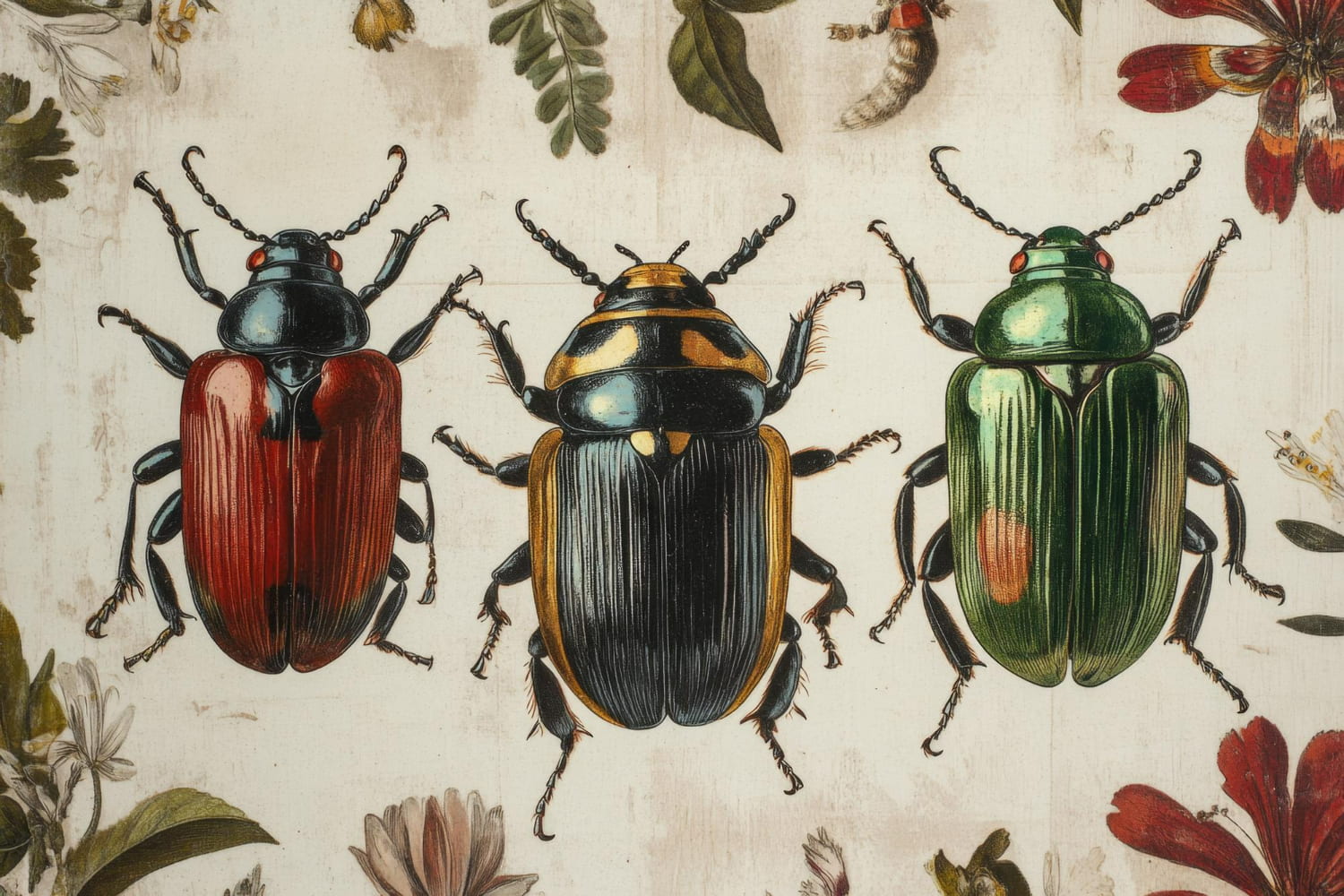 Each beetle is depicted with extraordinary precision and luminous color.