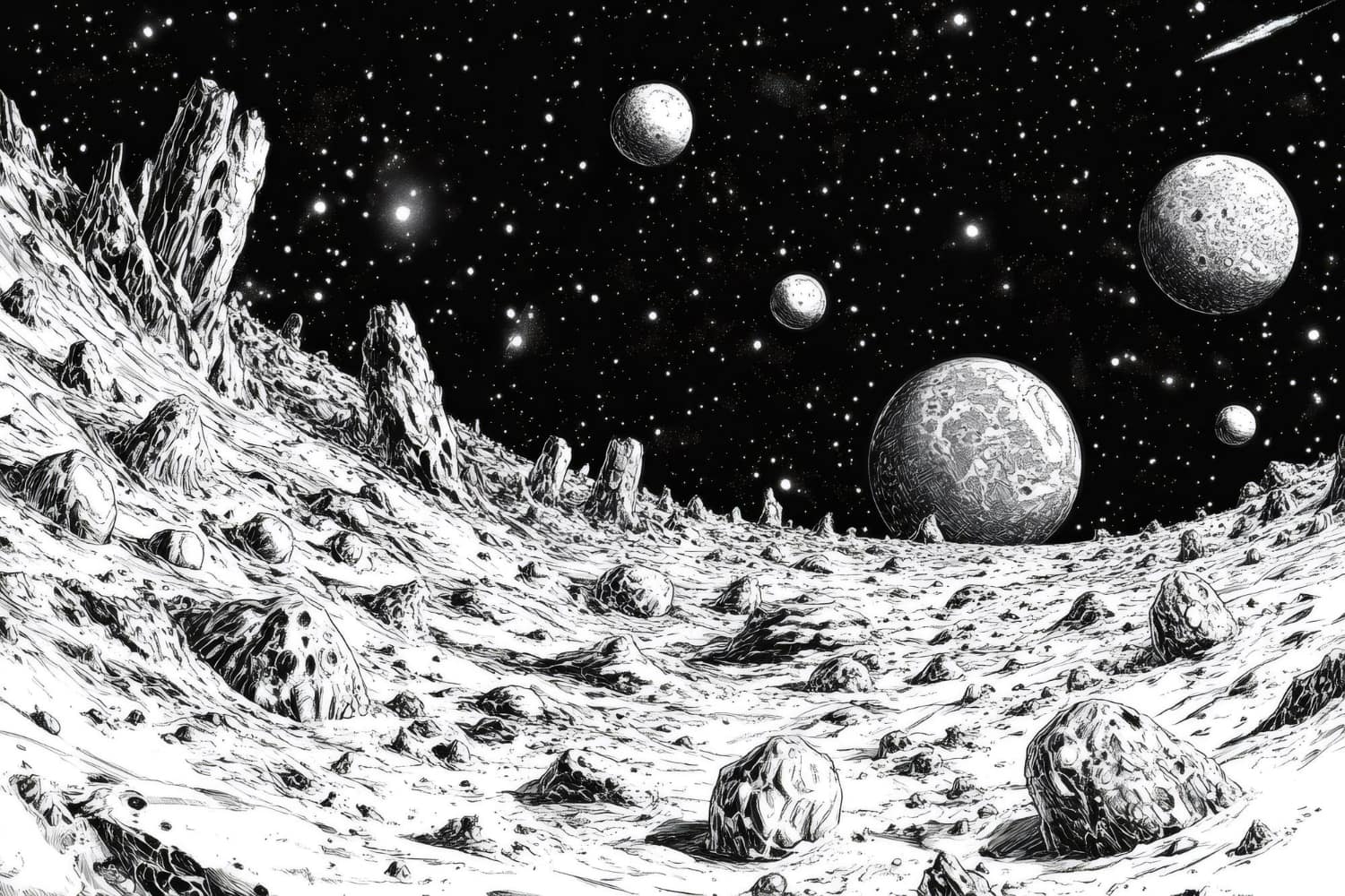 This striking black and white illustration presents a haunting view of an alien planetary landscape.