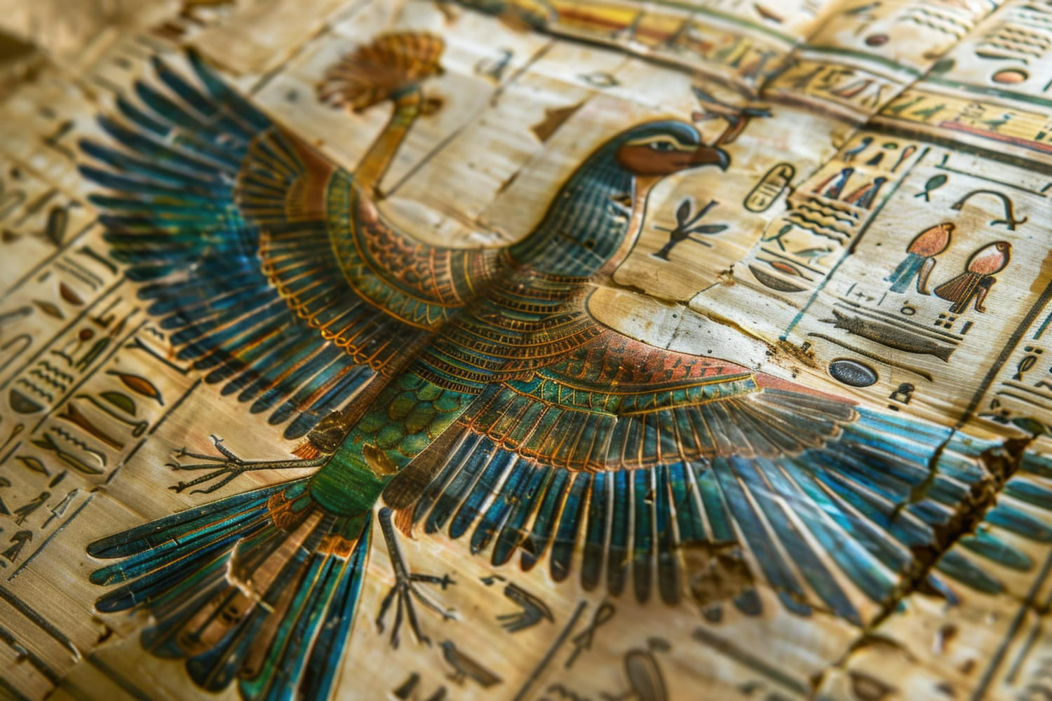 This exquisite close-up photograph captures the remarkable detail and artistry of ancient Egyptian papyrus, showcasing an intricately rendered winged deity, most likely Ra or Horus, in their celestial form.